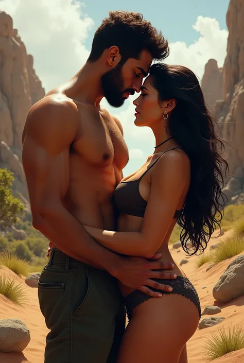 Create an image of a couple having sex in the caatinga. The man is tall and thin, has a bit of a beard. The woman is of average height, long dark hair and a little fat.