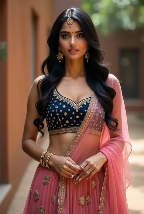 A hot woman sexy poses confidently in traditional attire, featuring a dark blue embellished shots choli and a pink lehenga with intricate gold detailing. Her long, flowing hair cascades over her shoulders, and she accessorizes with large gold earrings, a m...