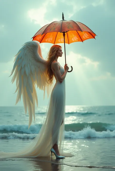 A tall blonde girl with wings and big eyes holding an umbrella in her hand with high heels at the sea 