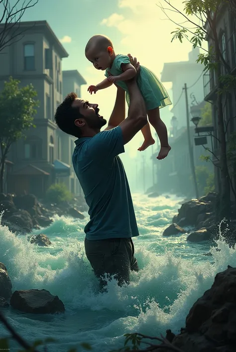 the dad is holding up the baby girl without hair  to alive from the flood under from water