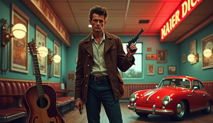 Picture in simpleMix art with James Dean with a revolver in his hand in the background an old microphone, Westerngitarre, Porsche in front of a diner 




