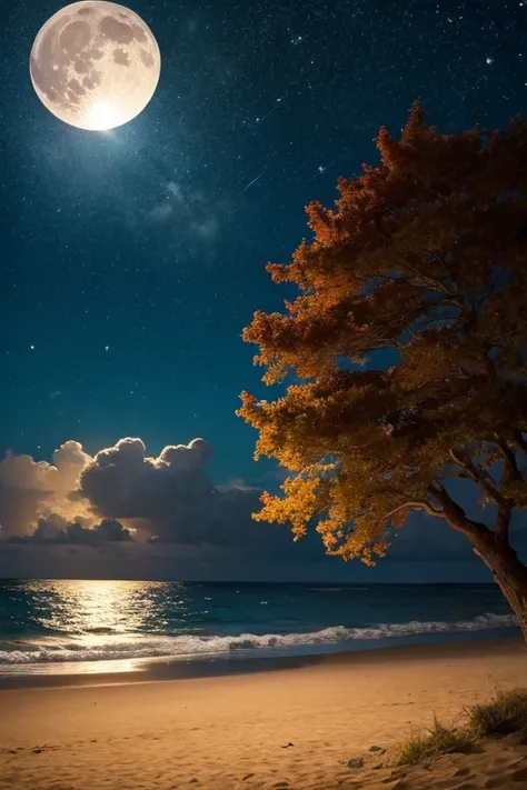 Anime Images　Starry Sky　bonfire　full moon　Sandy Beach