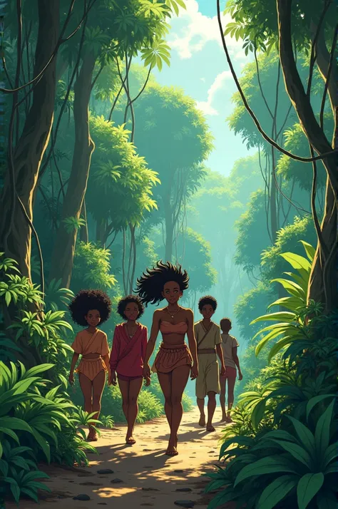 Black anime characters with olone in jungle 