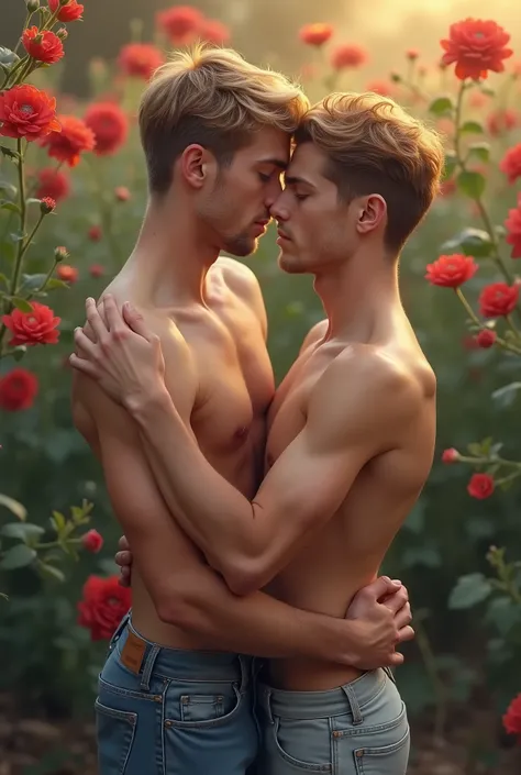 Two teenage men, one with blond hair and the other with brown hair, as a gay couple with no dress naked body slim body blue eye, flowers in a romance movie poster no dress