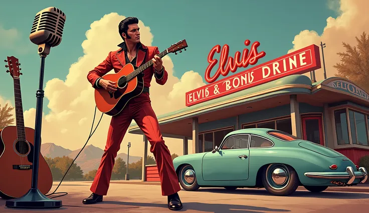 picture in simplemix art with elvis with a microphone in his hand in the background an old microphone, westerngitarre, porsche in front of a diner