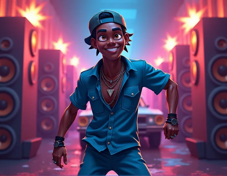 Brazilian funk dance car sound wall background, speakers, male character with scribble features, cap backwards and blue clothes, triangular smile and chains in the center of the image, overlay light effects on the edges of the image