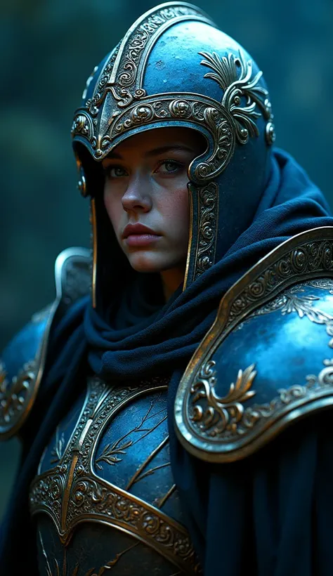 (Warrior in gorgeous armor), (Wearing a fancy helmet), (Very detailed, 8k, beautiful epic dramatic scene es una noche profunda, darkness), (realistic photo, Movie lighting, dramatic, Impressive composition), (Cool colors, vibrant, bright), (In another worl...