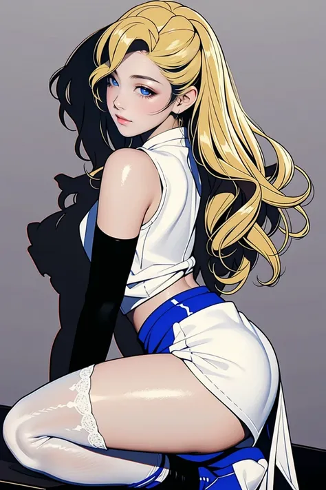 ((Best Quality)), ((masterpiece)), ((One girl)), Alone, ferry, ((Long Hair)), ferryBase, ((Knee socks)), Exposing shoulders, ((jewelry)), ((Sleeveless)), White Dress, Blue Skirt, ((gloves)), Up to the thighs, From behind.