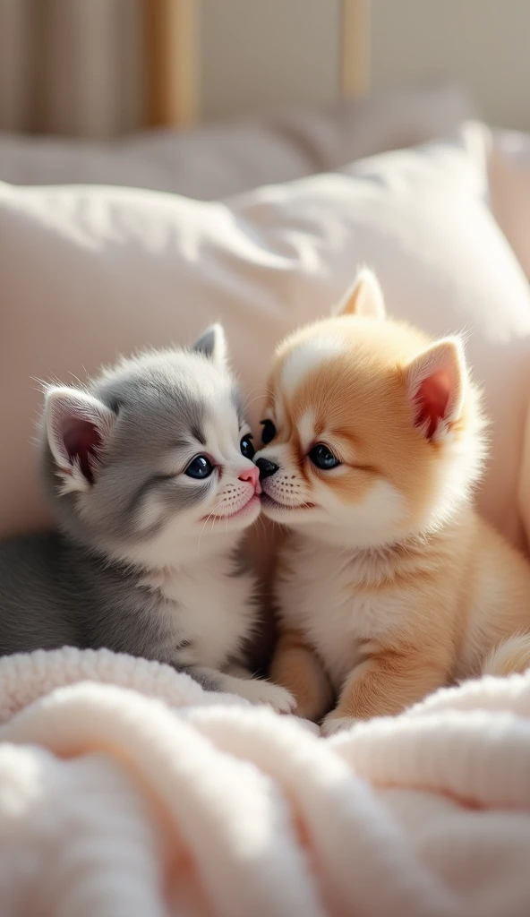 Gray and white baby cat and cute small dog,kiss,fatter,beautifuleye,lying in the bed.