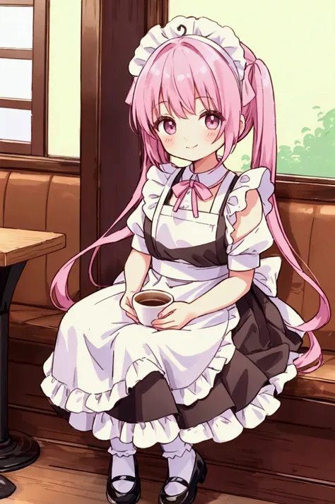 Girl、Children、Twin tails、Pink Hair Color、Black maid outfit、White apron、Maid&#39;s Headdress、White socks、smile、Coffee shop