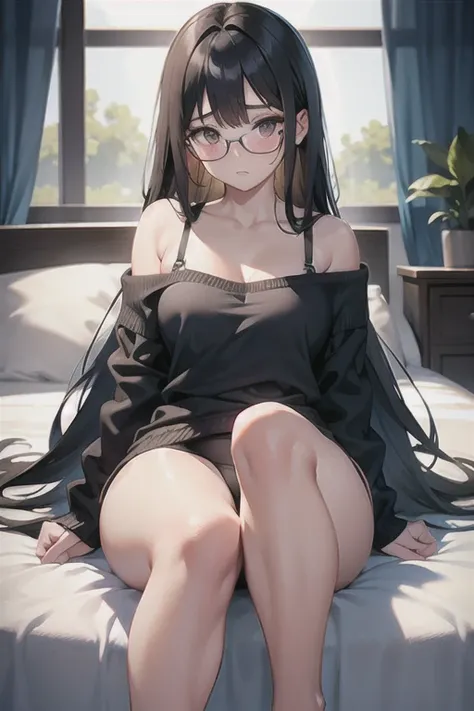 Highest image quality, outstanding details, ultra-high resolution, with a delicate and beautiful face wearing black glasses, dressed in a matching black bra and underwear that hints at her form, off shoulder black cardigan, black very long hair with bangs,...