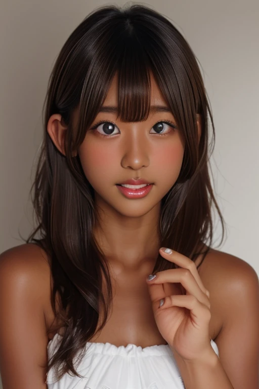 (((( one girl )))), Put your hand over your mouth、Beautiful breasts、 Brown eyes, ((Gal Hairstyles)) blonde, girl, (Eye and facial details:1.0), break, (masterpiece, Highest quality, Very detailed, Detailed face, 8k),( dark skin:2.05 ), ((((bunny girl  ))))...