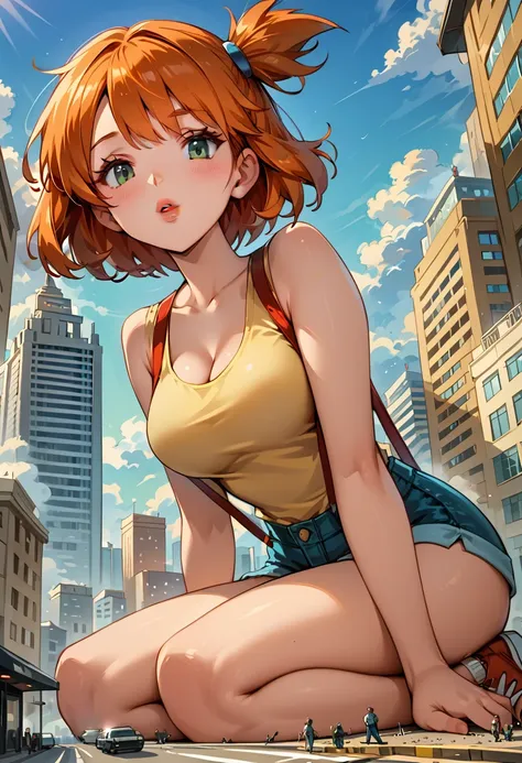 Dark Fantasy Art of score_9, score_8_up, score_7_up, rating_questionable, fantasy, lighting, epiCPhoto 1girl, mature woman, very sexy (Misty_Pokemon), (short hair, orange hair, one side up hair, green eyes, medium breasts, skinny), cleavage, (yellow t-shir...