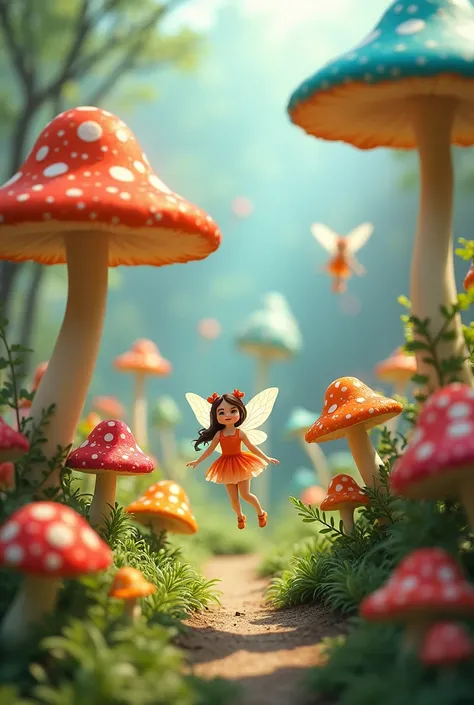 Create a very adorable little landscape with mushrooms and fairies