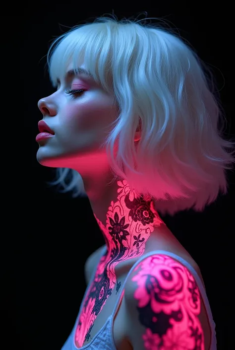 1 young woman,(Fluorescent pink tattoo with delicate design on neck and arms:1.5),((lidded eyes:1.4)),(looking down:1.3),(parted_lips:1.4),(intricate detailed:1.4),((Short hair with slightly curled white hair:1.4),Casual navel crop top,upper body,black bac...