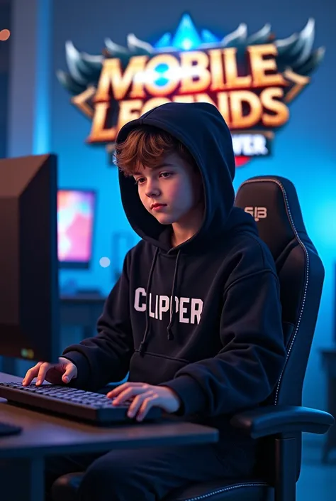 In the background "Mobile Legend Bang Bang"is written and infornt of that a boy wearing black hoodie with "Clipper" written on his chest the  boy is sitting on chair with a gaming insulator