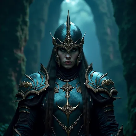 (Warrior in gorgeous armor), (Wearing a fancy helmet), (Very detailed, 8k, beautiful epic dramatic scene es una noche profunda, darkness), (realistic photo, Movie lighting, dramatic, Impressive composition), (Cool colors, vibrant, bright), (In another worl...