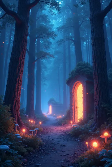 Twilight Forest with Hidden Doorways: A mystical forest bathed in twilight, where the trees are impossibly tall and have shimmering bark. Among the trees, hidden doorways with glowing edges are embedded into their trunks, each leading to a different world ...