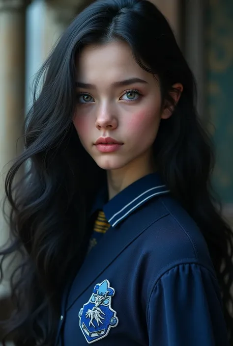 (photorealism:1.2) she has a rosy complexion, long black hair half down, blue-gray eyes and she wears a Ravenclaw uniform, diamond shaped and stoic face 