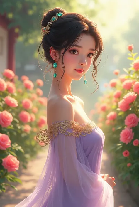 A beautiful lady with big eyes in ancient Chinese style wears a lavender plain dress，Wearing pure white gauze，The edge of the gauze garment is embroidered with golden Chinese hollows.，Exquisite workmanship，Glittering in the reflection of sunlight，Hair drap...