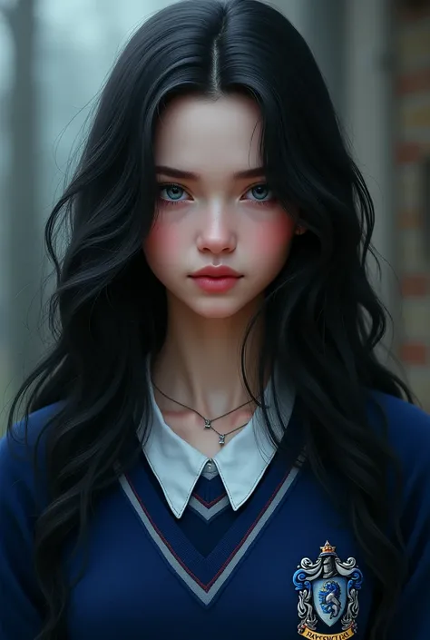 (photorealism:1.2) she has a rosy complexion, long black hair half down, blue-gray eyes and she wears a Ravenclaw uniform, diamond shaped and stoic face 