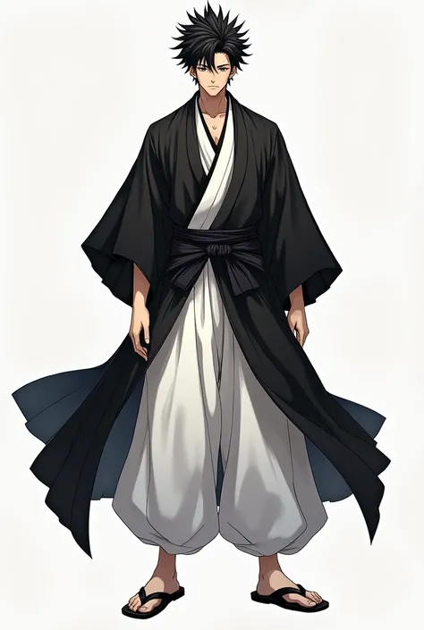 a man that had his black spiked hair pushed upfront He wore a black haori with a white kimono and black undershirt underneath tied together with a black belt, white pants, and black sandals.