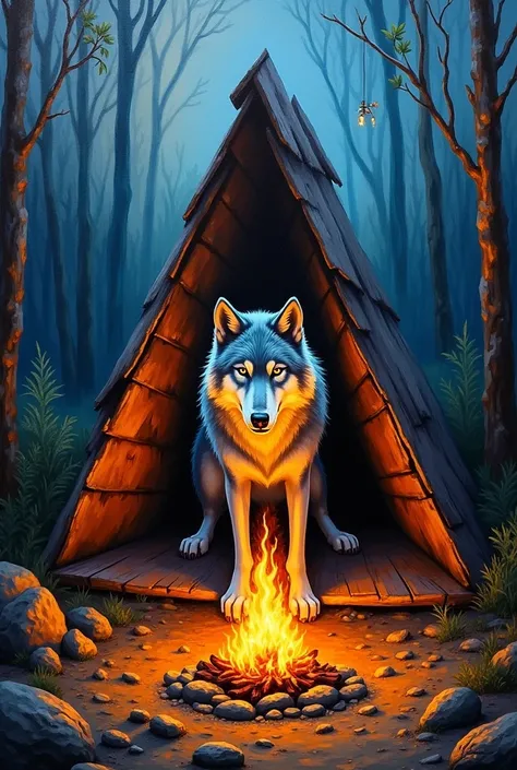 Oil painting of a cabin with a wolf inside and a campfire, abstract as if it were made by a human 
