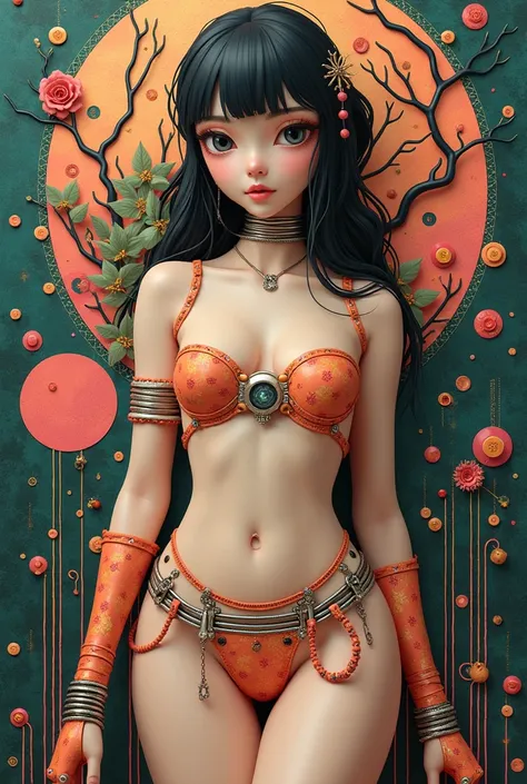 collage painting, petite young robot geisha, micro bikini, flat chest, big eyes, ulzzang, wires, buttons, circuits, vines, twigs, nature, science, dramatic, sexy, romanticism, cyberpunk, neo-classical, experimentalism, baroque, impressionism, expressionism...