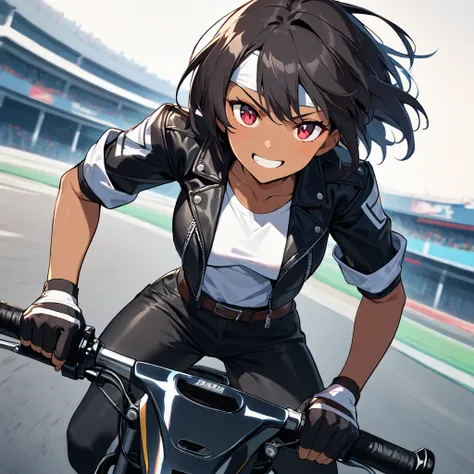 Top Quality, Masterpiece, Super Hi-Res, Anime style, One girl, (short black hair), red eyes, dark skin, iris heterochromatic pupil, (ssmile) (riding a racing bike), motorcycle track, wide angle, ((black leather jacket with rolled up sleeves)), fingerless g...