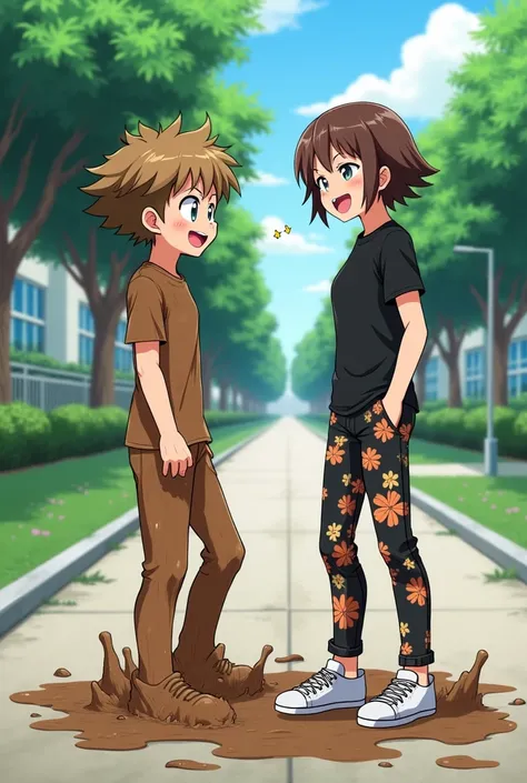 A high school Anime girl with brown hair in Floral pants and black short sleeve shirt and tennis shoes looks at and laughs at an embarrassed high school boy covered head to toe in mud