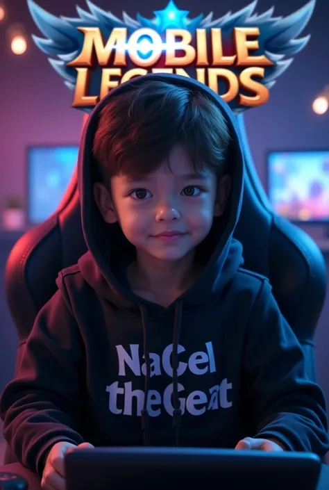 In the background "Mobile Legend Bang Bang"is written and infornt of that a boy wearing black hoodie with "NaCl The Great" written on his chest the  boy is sitting on chair with a gaming insulator looking towards