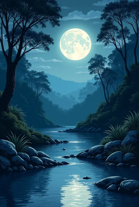 Create a hand-drawn image that captures a contemplative natural scene. At the top, the moon appears gently drifting, casting a soft light. below, a serene stream runs, reflecting the moon&#39;s glow on the calm waters. The scenery is surrounded by timbaúba...