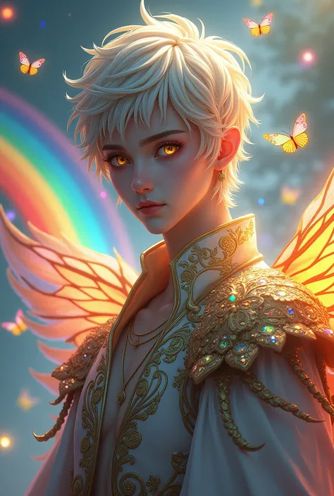 (((Master Parts))), (((Highest quality))), ((Ultra-detailed)),(Highly detailed CG illustrations), ((Very delicate and beautiful)),Yellow Eyes, Cinematic Light, Amazing fantasy art. Mythical fantasy and fairy tale fantasy, Great rainbow accents. ((Use paste...