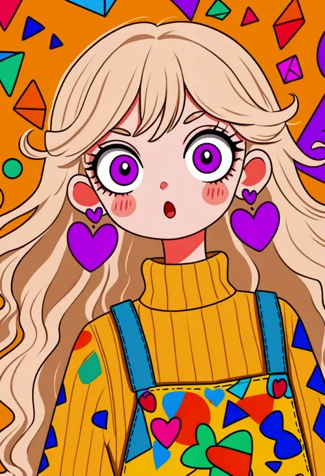 colorful cartoon girl with wide purple eyes, surprised expression, long wavy light hair, large orange bow with hearts, yellow tu...