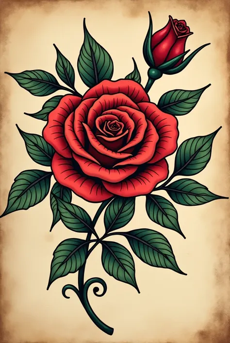 Rose tattoo design with leaves around it in old school style for composition 