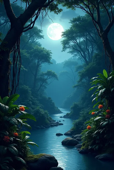 Forest with river in the Amazon at night