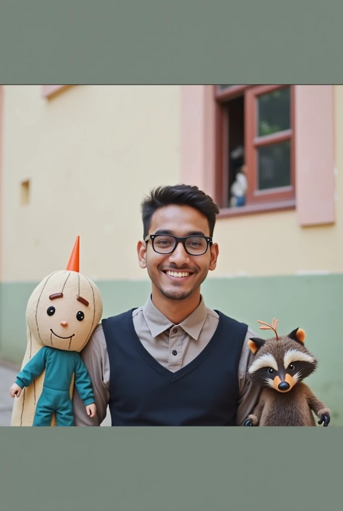 Full-length portrait of an Indian male college student wearing glasses smiling happily between a person wearing a peanut costume and a person wearing a raccoon costume with a leaf on his head