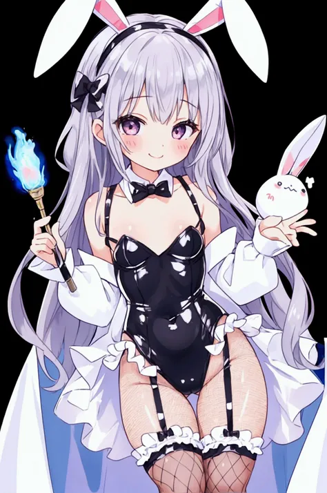 Girl、Children、Silver Hair、Bunny Suit、Bunny Headband、Fishnet stockings、smile、sexy