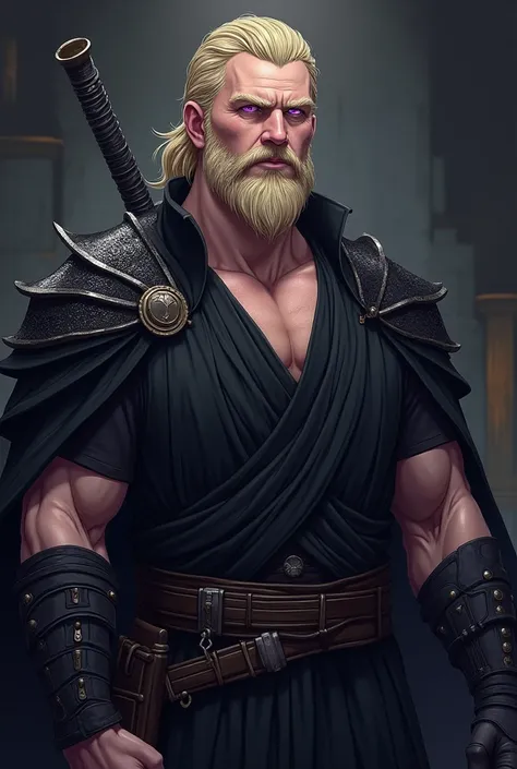 white Germanic man, blonde hair and blonde beard, sharp purple eyes, muscled body, use Count Dooku Star wars outfit same a like, dark background High Resolution, Anatomically Correct, Short Hair, Closed Mouth, Anime Style, 