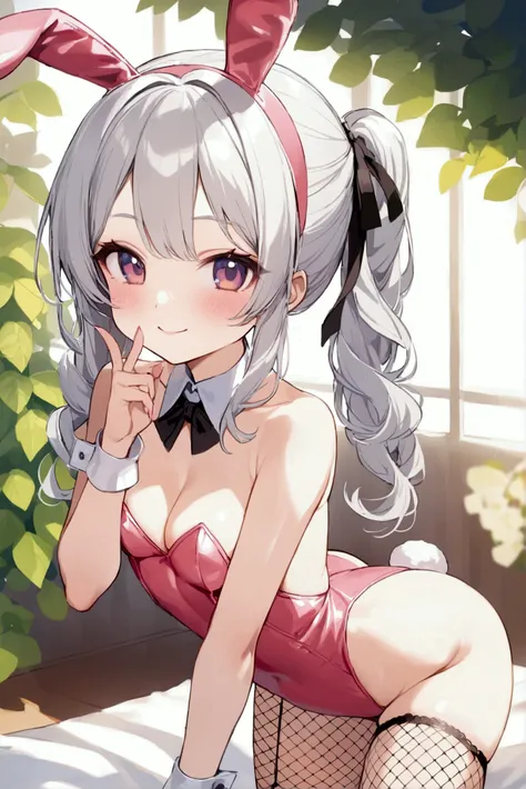 Girl、Children、Silver Hair、Bunny costume、Bunny Headband、Fishnet stockings、smile、sexy