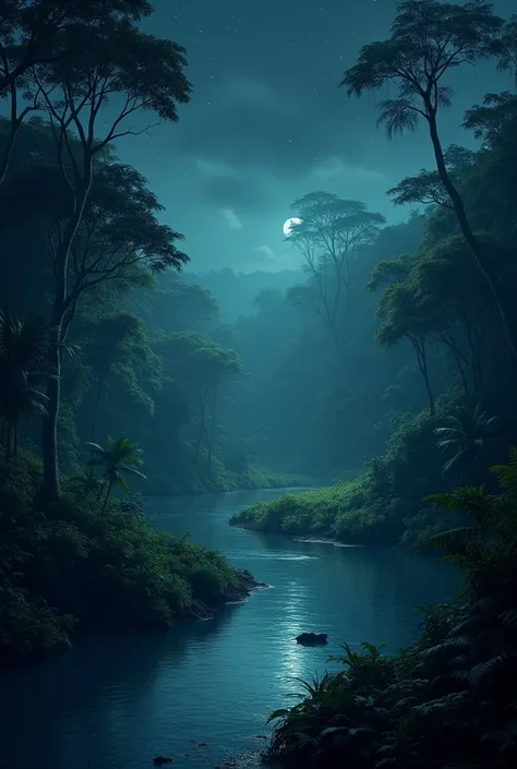 Forest with river in the Amazon at night and a point of dry land