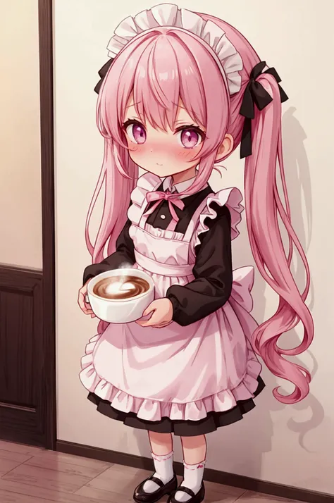 Girl、Children、Twin tails、Pink Hair Color、Black maid outfit、White apron、Maid&#39;s Headdress、White socks、skirt lift、Pink Panties、Embarrassed、Coffee shop