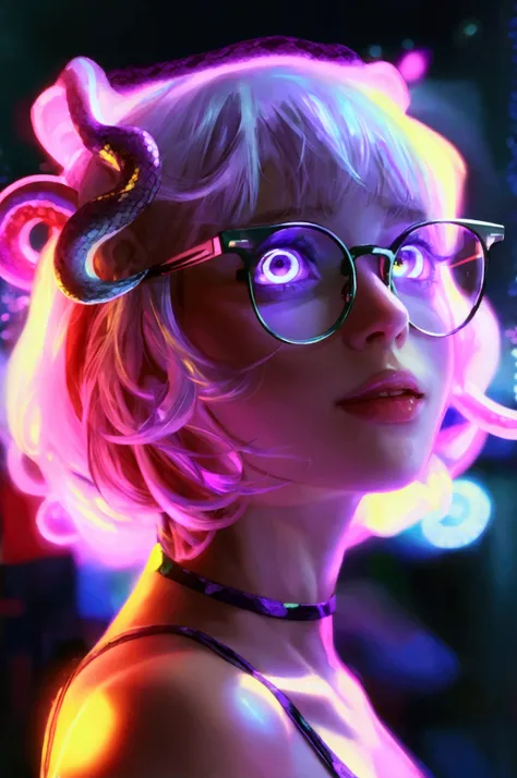 violet, neon lighting, short hair with cute little snakes for hair, pale skin, brightly glowing purple eyes, portrait of a cute ...