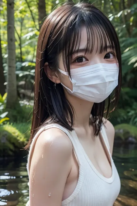 masterpiece、Japanese、1 girl、In the magical forest、cute、happy、 Ultra HD, , Slanted Eyes, Wearing a white mask, realism, Surrealism, Raise both sides, Wet Hair, Ultra high definition, The whole body is visible