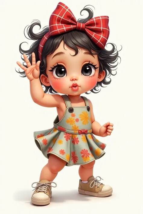 Drawing of a baby with black eyes, wavy hair with red and white plaid bow, with tank top dress in lesi fabric, with nude sneakers with white tips, facing forward making the number 1 with your hand and making a kissing pout