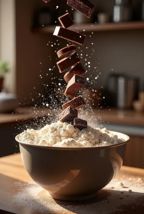 Chocolate falling into flour in a kitchen bowl 