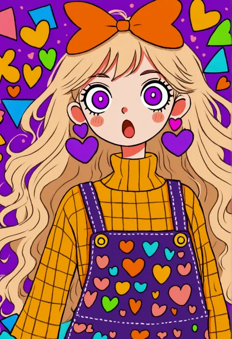 colorful cartoon girl with wide purple eyes, surprised expression, long wavy light hair, large orange bow with hearts, yellow turtleneck sweater, multi-patterned overalls, large geometric earrings, background with various colorful shapes, playful and quirk...