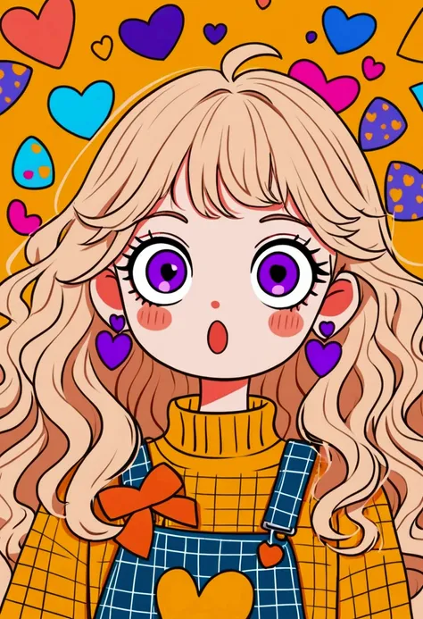 colorful cartoon girl with wide purple eyes, surprised expression, long wavy light hair, large orange bow with hearts, yellow tu...