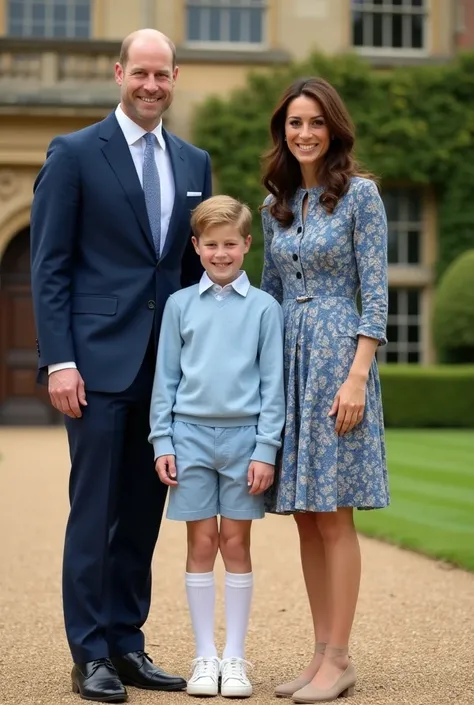 a British prince, a boy, , short hair, pose for a family picture with parents at the big yard, wearing light blue jumper, wearing shorts, wearing high-knee socks, smiling