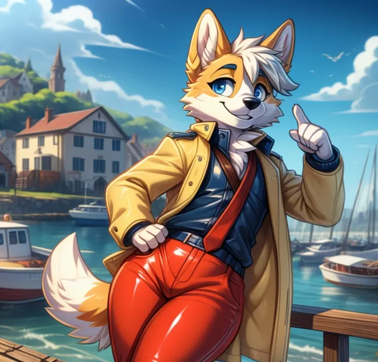 Best quality, Super detailed illustration, cartoon illustration, a furry male corgi, male, blue eyes, village clothing, detailed face and body, disheveled thick white hair, two-tone light orange and white fur, corgi tail, blue and yellow striped leather co...